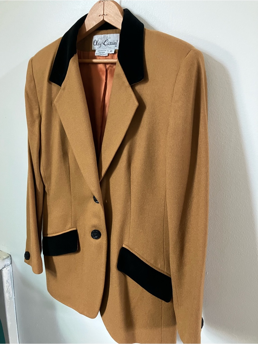Vintage SET Oleg Cassini 100% Wool Skirt Suit Set – Mustard/Camel Velvet Trim